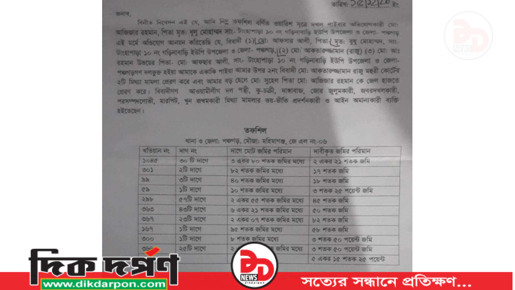 পঞ্চগড়ে ওয়ারিশ সূত্রে জমি ফেরত পেতে ভুক্তভোগীদের অভিযোগ